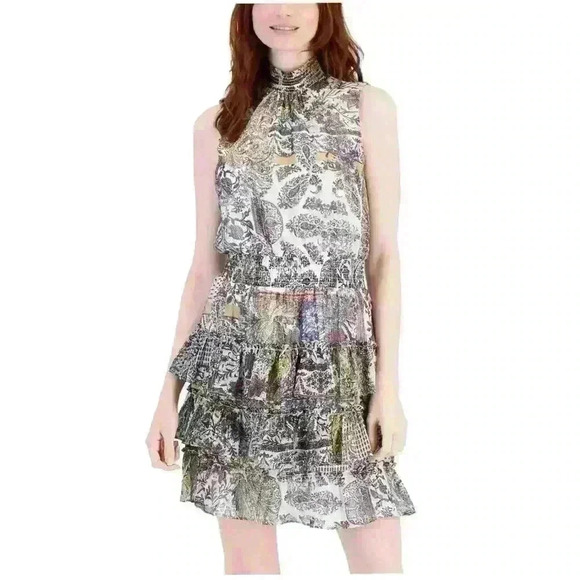 MSK Womens Printed Smocked Waist Tired Dress Multicolor Size XL Ruffle Chiffon - Picture 1 of 14